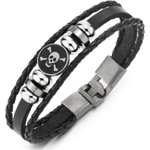 Eryi-Homme Pirate Crâne Noir Tressé Cuir Bracelet - Entrelacé - Trois Brins Cuir Envelopper Bracelet - Neuf