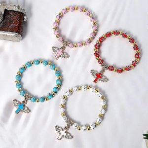 Bracelet Croix Aile D'ange,Bracelet Chapelet Pour Les Femmes,Bracelet De Perles Extensibles Catholiques Baptême Cadeau-4pcs - Neuf