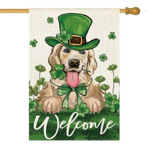 St Patrick Day Chapeau Vert Chien de Coupe Drapeau 28x40 pouces double face, lucky clover 17 Mars Bienvenue Jardin l'Ext&eacute;rieur du Pavillon - Neuf