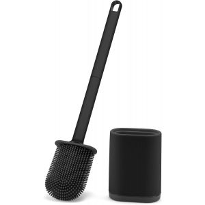 Brosse WC Silicone,Brosse de Toilette en Silicone avec Support à Séchage Rapide,Brosse Toilette Silicone Balayette WC en Silicone Brosse Toilettes à Manche Long,Montage Mural/au Sol,Noir - Neuf