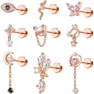 9pcs 16g Piercing Oreille Pour Femme Acier Chirurgical Boucles D'oreilles Cartilage Tragus Piercing Labret Mauvais ?il/Papillon/Le Serpent Dangle Oreille Piercing Tragus Piercing Bijoux.[X1246] - Neuf