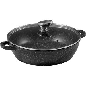 Nouvelhorizonstore-Pcui001016 - Mijoteuse Fonte D'aluminium Premium &Oslash;28cm, Couvercle Verre - Rev&ecirc;tement Anti-Adh&eacute;sif Fa&ccedil;on Pierre - Poign&eacute;e Amovible - Tout Feu, Noir - Neuf