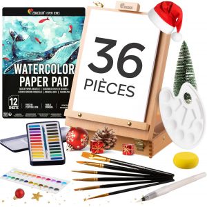 Jexnovashop-Set De Peinture Aquarelle 36 Pi&egrave;ces - Cadeau Kit D' Aquarelle Pour D&eacute;buter - Boite 2-En-1 Rangement Et Chevalet, Palette Aquarelle En Godet 24 Couleurs, 6 Pinceaux, 1 Pad (12 Feuilles) Et - Neuf