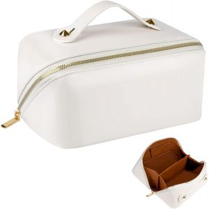 Trousse de maquillage pour femme blanche, grande capacité, trousse de toilette de voyage, trousse de maquillage portable en cuir PU, sac de rangement de voyage étanche avec poignée - Neuf