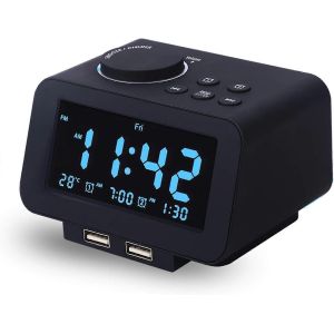 Reveil numerique, radio FM, deux ports de charge USB, detection de temperature, deux alarmes avec 7 alarmes - Neuf