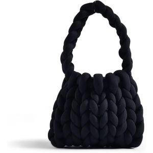 Sacs fourre-tout noirs tiss&eacute;s &agrave; la main pour femmes, sac &agrave; main en fil &eacute;pais crochet&eacute;, sac seau &agrave; noeuds DIY, sac &agrave; poign&eacute;e d&eacute;contract&eacute;, sac &agrave; bandouli&egrave;re tiss&eacute; - Neuf