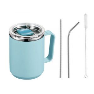 Tasse &Agrave; Caf&eacute; Isotherme En Acier Inoxydable De 450 Ml Avec Poign&eacute;e Et Couvercle, Bleu Clair - Neuf