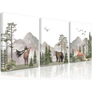 3Pcs Toiles Encadrées Pour Décoration Murale De Chambre D'Enfant,Animaux Sauvages,Forêt,Affiches Sur Le Thème De L'Aventure,Cerf,Renard,Peintures À L'Aquarelle (30 X 40 Cm) - Neuf