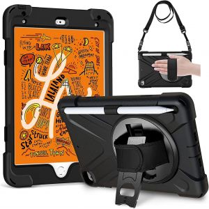 Coque Robuste Et Résistante Aux Chocs Avec Porte-Crayon, Support Rotatif À 360°, Dragonne Et Sangle De Transport Pour Ipad Mini 5/Ipad Mini 4, Noir - Neuf