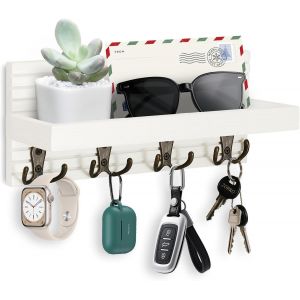 Cauc-Porte Clef En Bois Avec &Eacute;tag&egrave;re, Porte-Cl&eacute;s Mural Avec &Eacute;tag&egrave;re Et 4 Crochets, D&eacute;coration Support Clef Mural Pour Salon, Salle De Bain, Cuisine, Rangement Des Cl&eacute;s Et Courrier &Agrave; L'entr&eacute;e, Blanc - Neuf