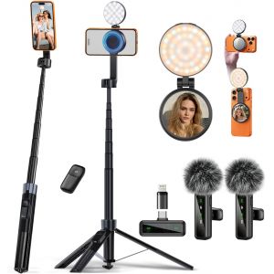 MEVRONISSHOP-Kit de Vlogging Magn&eacute;tique 3-en-1 pour iPhone/Android, Kit Youtuber Complet, tr&eacute;pied magn&eacute;tique, Microphone, t&eacute;l&eacute;commande, Perche &agrave; Selfie de 180 cm avec lumi&egrave;re - Neuf