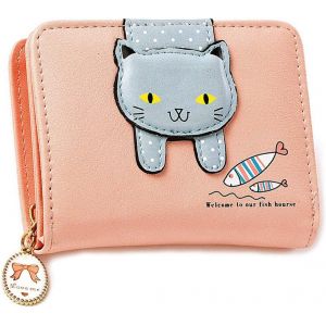 Mini portefeuille mignon, porte-monnaie en cuir avec motif chat de dessin animé - Neuf