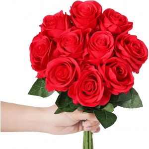 Lot de 10 roses artificielles en soie rouges r&eacute;alistes pour cr&eacute;ations florales DIY, bouquets de mariage, arrangements, f&ecirc;tes, d&eacute;corations de maison - Neuf