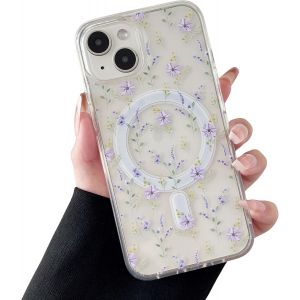 Eryi-Coque Magnétique Pour Iphone 15, Étui Souple Transparent Avec Motif Fleurs [Compatible Avec Magsafe Charge Sans Fil], Coque Protecteur Résistant Pour Iphone 15 6,1""- Violet Fleurs - Neuf