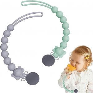 Attache Tetine En Silicone,Lot De 2 Attaches T&eacute;tine Pour B&eacute;b&eacute;s Gar&ccedil;ons Et Filles,Pacifier Clip Chain,Garde La T&eacute;tine Propre,Douce Et Flexible,Durable&iquest;Haute T&eacute;nacit&eacute;,Vert,Gris - Neuf