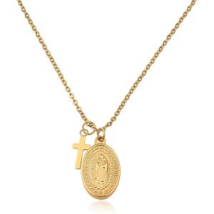 Collier Marie En Or - Argent - Or Rose Pour Femmes - R&eacute;sistant &Agrave; L'eau - Collier Madonna Avec Petit Pendentif Croix En Acier Inoxydable I Taille R&eacute;glable 42+5cm - Neuf