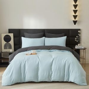 Ulteronixshop-Parure De Lit 3 Pi&egrave;ces En Coton 220 X 200 Cm - Bleu B&eacute;b&eacute; Gris - Couleur Unie - Esth&eacute;tique - Lit Double - En Coton Doux - R&eacute;versible - Housse De Couette 220 X 200 Cm Et 2 Taies D'oreille - Neuf