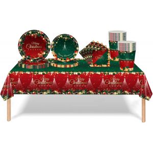 69 Pi&egrave;ces No&euml;l Vaisselle De F&ecirc;te,Assiettes Carton Jetable Tasses Serviettesr En Papier Et Nappe Plastique,Rouge Vert Vaisselle Recyclable Kit Decoration C&eacute;l&eacute;brer No&euml;l Fournitures De F&ecirc;tes - Neuf