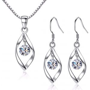 Cmjaagur-Femme Parure De Bijoux Argent Fin 925 Avec Zirocon Cubique 5a Blanc, Ensemble De Boucles D'oreilles + Collier En Forme Tordue Pour Femme Fille, Cha&icirc;ne Pendentif Argent Hypoallerg&eacute;ni[M1829] - Neuf