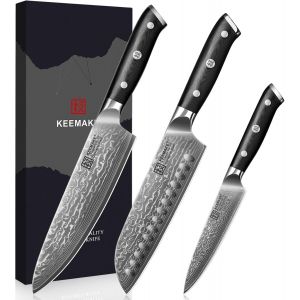 Mevronisshop-Set Couteaux De Cuisine Professionnel, Couteau Cuisine Damas 67 Couches Santoku Japonais 178mm Office 127mm Chef 200mm Poign&eacute;e G10, Coffret Cadeau Restaurant - Neuf