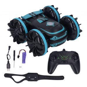 Voiture de cascade amphibie telecommandee, etanche, capteur de gestes, 4 roues motrices, rotation a 360 degres, double face, 2,4 GHz, bateau telecommande, bleu - Neuf
