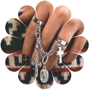 Kahfl-Punk Chaîne Doigt Bague Argent Croix Médaille Trombone Knuckle Doigt Anneau Personnalité Lien Chaîne Ouvert Manchette Anneau Bijoux Pour Femmes Hommes - Neuf
