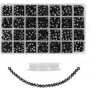 Tianyi-(Pack De 1620 Perles Lettres Alphabet A-Z En Plastique Noir Avec Boîte De Rangement - Perle Lettre Ronde 7mm Avec Lettres Blanches Et Fil Cristal 10m - Bracelets, Colliers Et Artisanat - Neuf