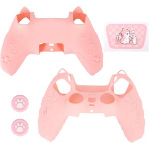 Ensemble Coque Rose Manette Pour Ps5, Patte Chat Mignonne Housse Antidérapante En Silicone Accessoires De Ps5 Manette Sans Fi[J163] - Neuf