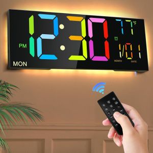 CMJAAGUR-Horloge Murale Num&eacute;rique 13'' Avec Rc Grande Horloge Num&eacute;rique Et Veilleuse Avec 9 Couleurs Rgb Double R&eacute;veil Diminution Automatique 12/24H Compte &Agrave; Rebours Horloge Murale Pour Cham[M786] - Neuf