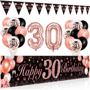 CAUC-D&eacute;coration 30 Ans Or Rose Noir, Ballons, Banderole Joyeux Anniversaire, Triangle Banni&egrave;re, Toile Affiche Fond Photo pour Femme - Neuf