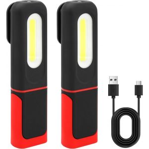 2 x Rechargeable LED Work Light, 350 Lumens Mechanical COB Torch Torch Ultra Powerful Inspection Lamp for Car Garage Workshop DIY Camping with USB Cable and Clip - Neuf