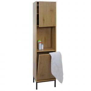 Armoire haute HWC-O42, armoire de salle de bain, &eacute;tag&egrave;re de salle de bain, casiers de salle de bain, panier &agrave; linge, MDF m&eacute;lamin&eacute; 174x39x30cmaspect bois naturel - Neuf