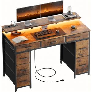 Led Bureau Avec 8 Tiroirs En Tissu, 120 &times; 50 Cm Bureau Gaming Avec Rangement, Prise Int&eacute;gr&eacute;e & Ports Usb, Table Ordinateur Support Ecran, Pour &Eacute;tudier, Travailler Et Jouer, Brun Rustique - Neuf