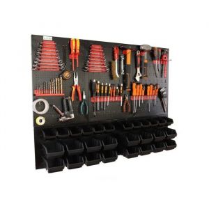 botle&reg; Panneau perfor&eacute; m&eacute;tallique, bacs empilables + &eacute;tag&egrave;re murale + porte-outils, lot de 55 pi&egrave;ces, 28 bacs empilables noirs - Neuf