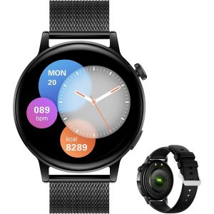 Montre connect&eacute;e pour Homme Femmes Ronde Smartwatch Sport Montre Intelligente Etanche Trackers d'Activit&eacute; pour iPhone Android avec R&eacute;pondre/Passer Appel et Lecture de Messages (Noir) - Neuf