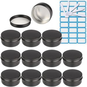 10 Pièces 50ml Pots en Aluminium Vide Rond Noir Mat Petit Cosmétiques Pot Conteneurs for Fait Main Bougies Crème Baume Voyage,5X Spatule,1x Étiquettes - Neuf
