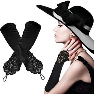 Femme Longue Noir Gants Opéra Des Années 1920 Accessoires - Longue Dentelle Gants - Noir Coudes - Mitaines En Satin Pour Mariage, À L'opéra, De La Danse, Partie - Neuf