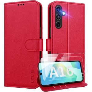 SJZG-Coque Pour Samsung Galaxy A16 5G/4G Coque Etui Portefeuille Cuir Avec 2 Verre Trempé Protection Écran Porte Carte Rabat Clapet Flip Case Étui Housse Etui Pour Samsung A16 5G/4G,Rouge - Neuf