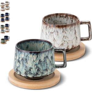 Lot De 2 Tasses À Expresso,Tasses À Cappuccino,190 Ml,Avec Soucoupes En Bois,Tasses À Café Avec Soucoupes,Tasses En Faïence,Pour Café,Américain,Latte,Café,Moka Et Thé (2,Beige + Cyan) - Neuf