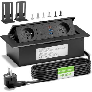 Multiprise Encastrable USB C PD20W avec Interrupteur, Aluminium Prise Encastrable Plan de Travail 2 Prises Fran&ccedil;aise et 2 USB A, Multiprise Escamotable pour Table Cuisines Travail, 1.8M C&acirc;ble, Noir - Neuf