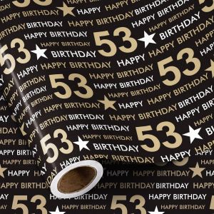 Rouleau De Papier Cadeau D'anniversaire - 53 Papier Cadeau D'anniversaire, Papier D'emballage Étoile Noir Et Doré Pour 53e Anniversaire, Fête Ou Toute Célébration - 43,2cm X 5m - Neuf