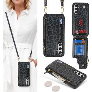 Case For Samsung Galaxy A54 5G Case With Credit Card Holder, Case For Samsung Galaxy A54 5G Case Cover With Neck Strap Wallet With Credit Card Slots-Leopard Black - Neuf