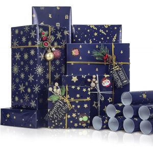 1 Rouleau De Papier Cadeau De Noël, Papier Cadeau Bleu + Autocollants + Corde Pour Emballage, 8 Dessins 43 X 100 Cm Papier D'emballage Cadeau, Papier De Noël Avec Flocons De Neige, Étoiles - Neuf