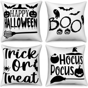 Housse de Coussin Halloween 40x40 Set de 4, Spooky citrouille pleine lune ch&acirc;teau arbre mort chauve-souris d&eacute;coratif Housses de coussin noir orange lin housse de coussin pour canap&eacute; Home Decor - Neuf