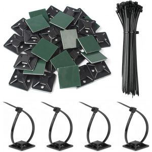 200pcs Attache Cable,Serre Cable avec 100pcs Support de Base Autocollant,150mm × 2.5mm Professionnelles Attache Câble Pour Gestion des Câbles,Jardinage - Neuf
