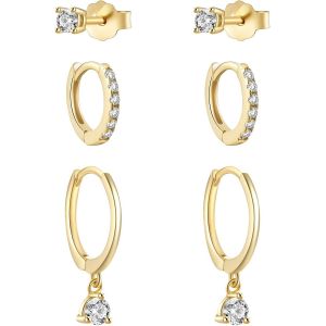 Chenquansarl-Lot De 3 Paires De Boucles D'oreilles Pour Femme, 14 Carats, Empilables, Boucles D'oreilles Cr&eacute;oles Et Boucles D'oreilles En Or, Petites Boucles D'oreilles Empilables L&eacute;g&egrave;res, Boucles D - Neuf