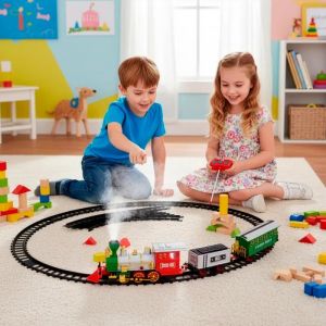 Springos&reg; Train vapeur jouet avec locomotive, effets sonores et vapeur, rails et 2 wagons, ensemble complet - Neuf