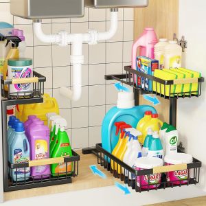 Organiseurs Sous &Eacute;vier &Agrave; 2 Niveaux,&Eacute;tag&egrave;res Coulissantes En M&eacute;tal,Style Industriel Et Pratique,Couleur M&eacute;tallique - Neuf