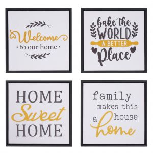 Lot de 4 tableaux muraux HWC-N96, d&eacute;coration murale cadres photo citations Sweet Home Welcome World Family, toile en bois 30 x 30 cm - Neuf
