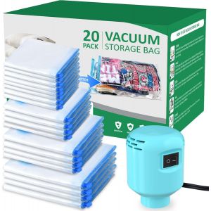 lbgwp60-Sacs De Rangement Sous Vide Aspirateur Housses De Rangement Sous Vide +1 Pompe À Air Électrique Lot De 20 4Xxl+4Xl+4L+4M+4S Voyages Réutilisables Pour Vêtements,Couettes - Neuf